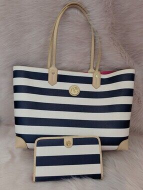 Spartina 449 Nautical Stripe Tote Bag with Matching Wallet - Navy & White